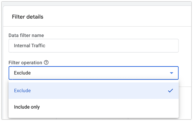 Filter details menu with the exclude option selected for filter operation. 
