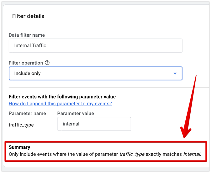 Filter details menu in GA4 with a red box and arrow pointing to the Summary at the bottom of the menu and the include option selected.