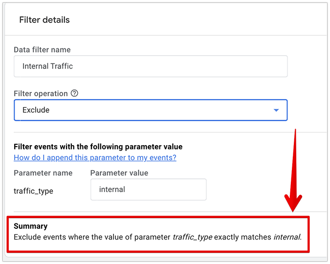Filter details menu in GA4 with a red box and arrow pointing to the Summary at the bottom of the menu and the exclude option selected. 