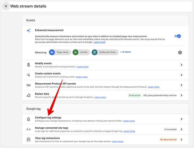 Web stream details menu with red arrow pointing to configure tag settings selection.