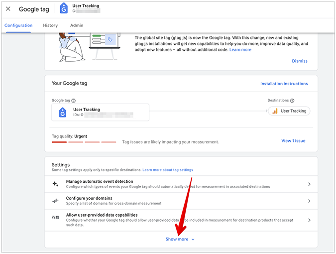Google tag configuration menu with arrow pointing to show more drop down. 