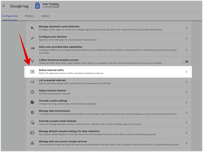Google tag settings menu with the define internal traffic selection highlighted. 