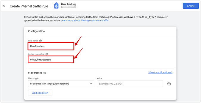 Create internal traffic rule menu in GA4 with arrows pointing to rule name and traffic_type value. 