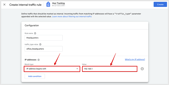 Create internal traffic rule menu in GA4 with arrows pointing to IP addresses match type and value. 