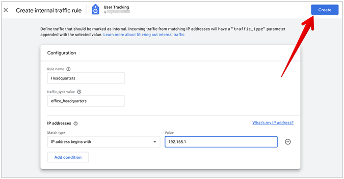 Create internal traffic rule menu in GA4 with button pointing to create button. 