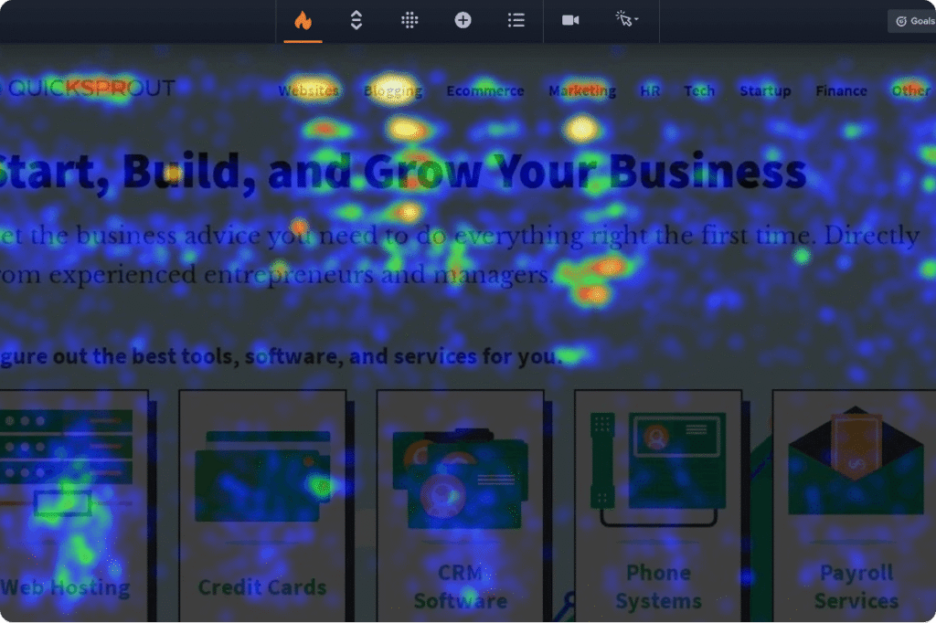 Crazy Egg click heatmap overlaid on a business homepage showing hot and cold zones.