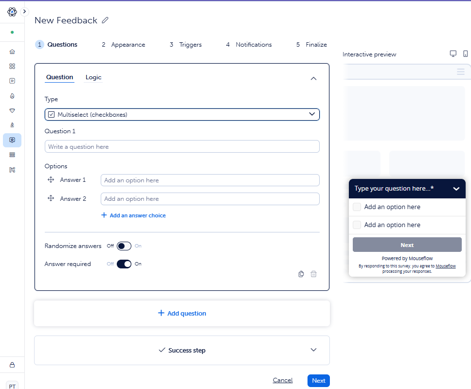 Feedback survey builder with a multiselect checkbox question and live preview