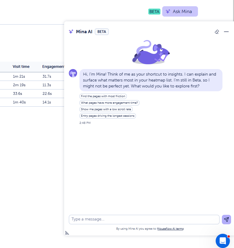 Mouseflow's Mina AI chat assistant panel with suggested heatmap questions
