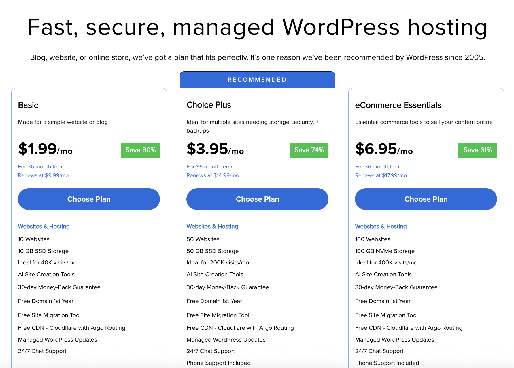 WordPress hosting pricing options from Bluehost.