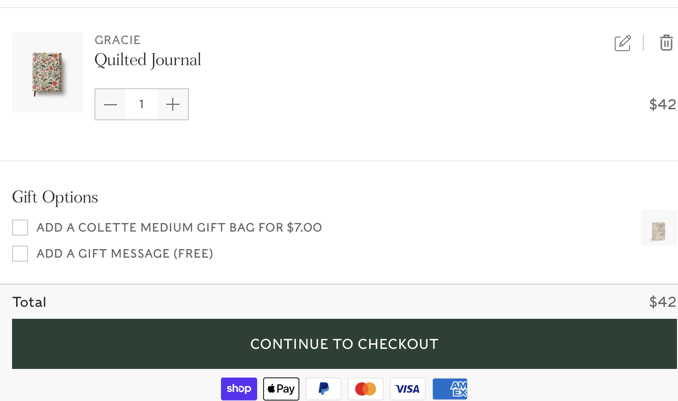 Rifle Paper Co. checkout page with badges.