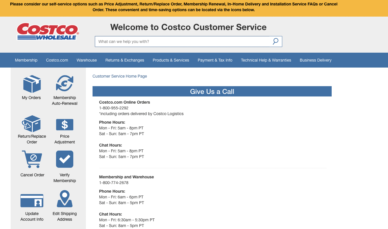 Costco customer service page