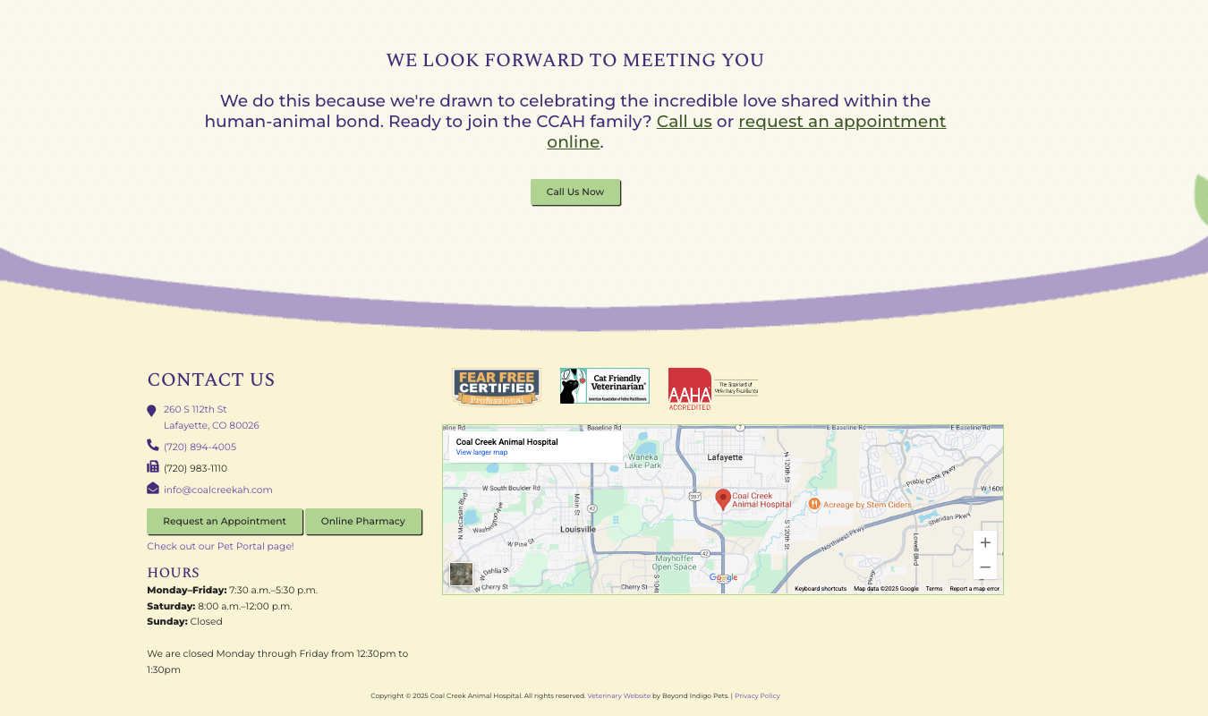 Coal Creek Animal Hospital footer with badges.