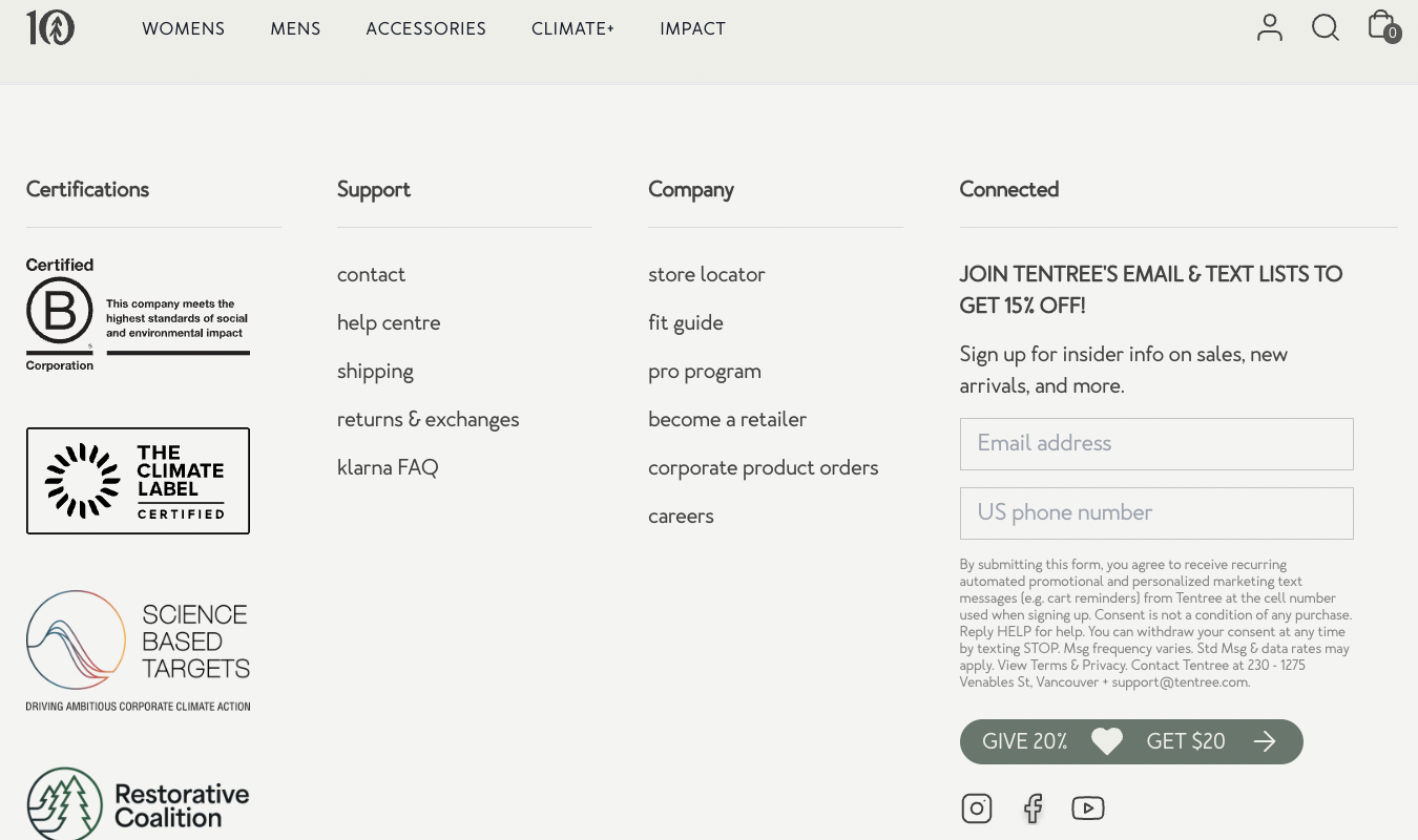 Tentree lists four climate-centered certifications in the footer of their website.