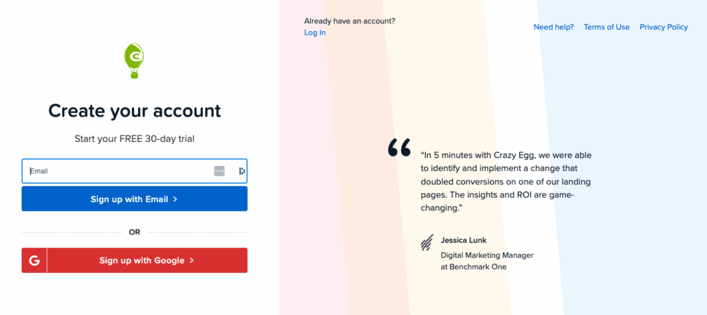 Landing page to create Crazy Egg account.