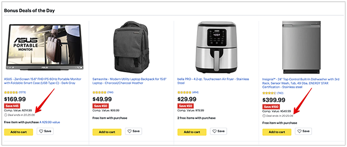 Best Buy deals of the day with four items shown. 