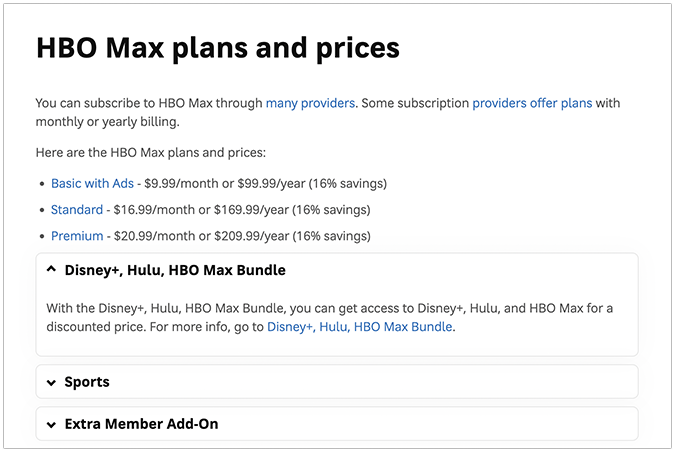 HBO Max plans and prices page