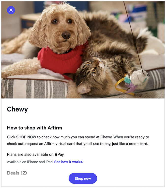 Chewy's page to sign up for Affirm. 