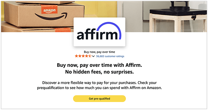 Amazon's page to signup for Affirm 