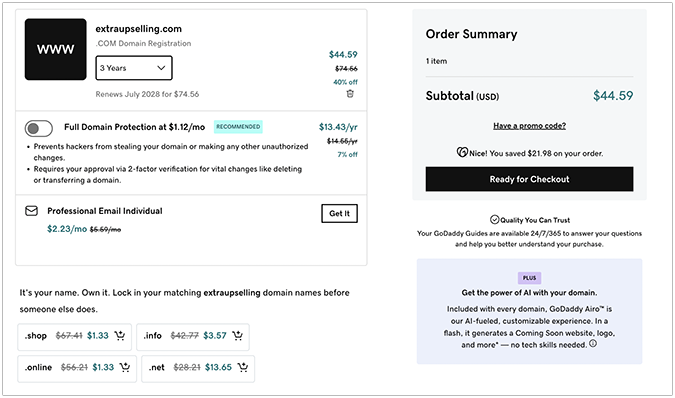 GoDaddy checkout page for a domain purchase 