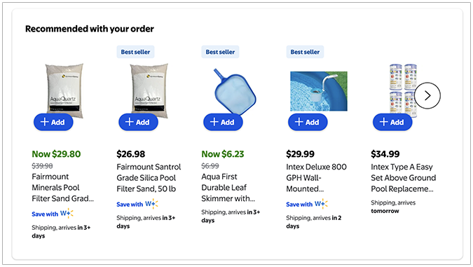 Walmart recommended with your order products page