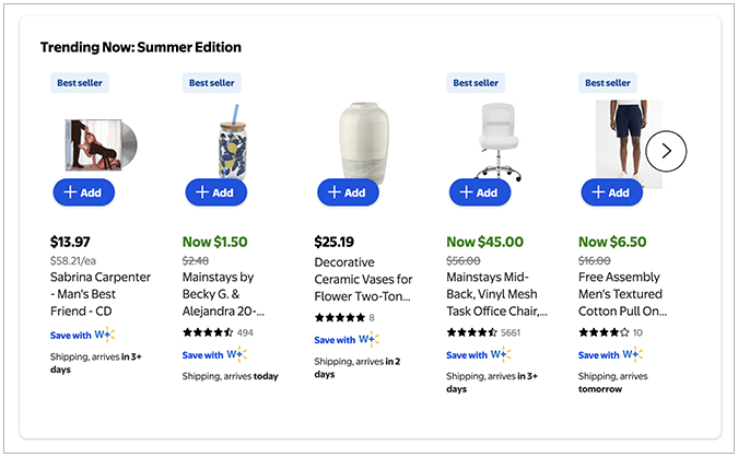 Walmart Summer Edition product recommendation page