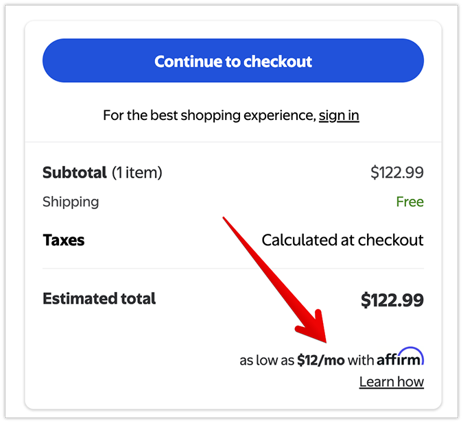 Walmart continue to checkout page with a red arrow point to the Affirm option. 