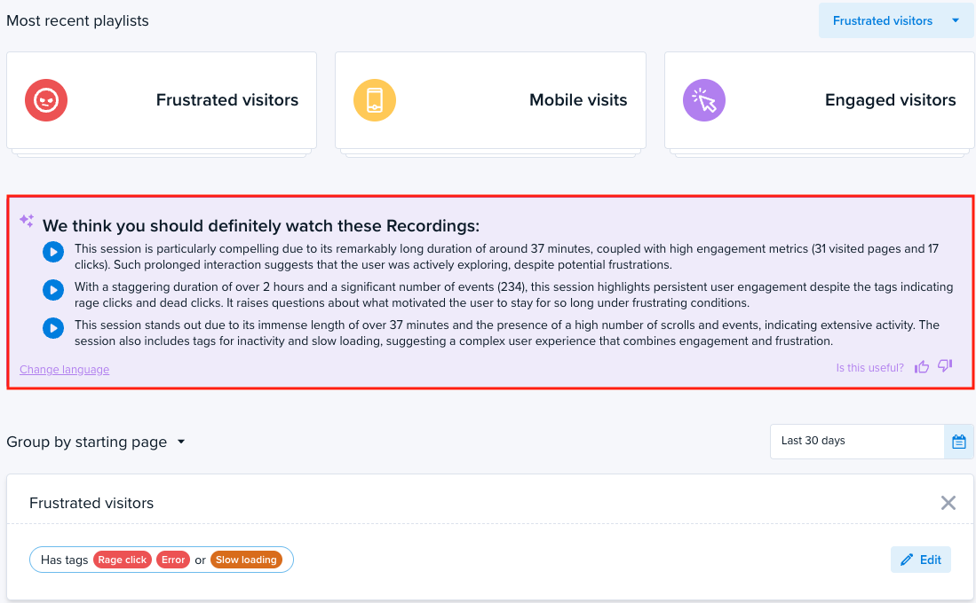 Screenshot of "Recordings You Should Watch" AI Analysis, which identifies and summarizes 3-5 highly insightful Session Recordings for you.