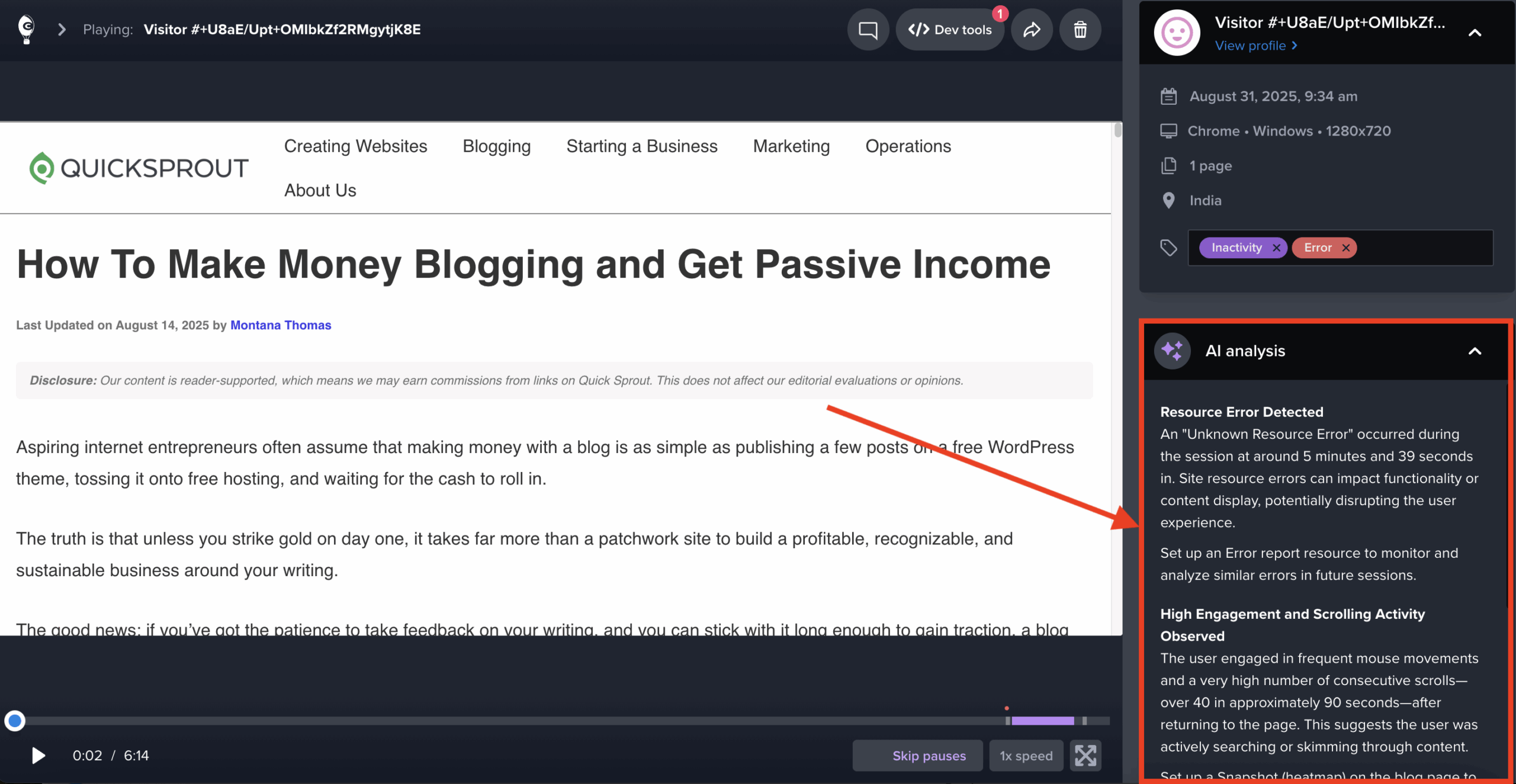Screenshot of a Session Recording on Crazy Egg, with AI Analysis highlighted in the right sidebar.