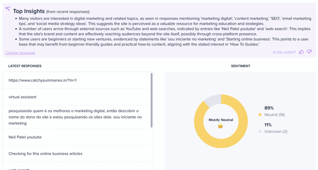 Screenshot of responses to a website survey question on Crazy Egg, with AI Analysis and a donut chart showing sentiment data.