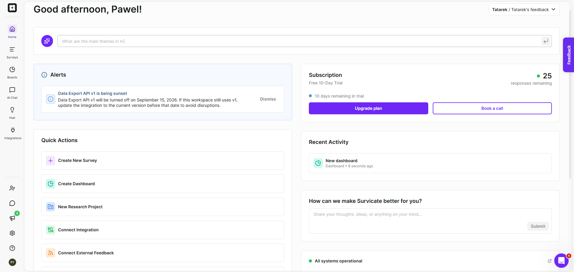 Home dashboard with quick action buttons, an API deprecation alert, and free trial subscription status