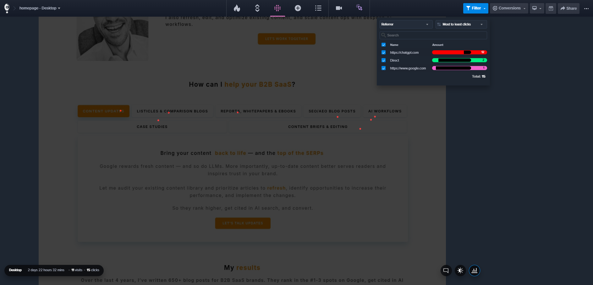 Crazy Egg heatmap with referrer filter panel showing click distribution from ChatGPT, direct, and Google traffic