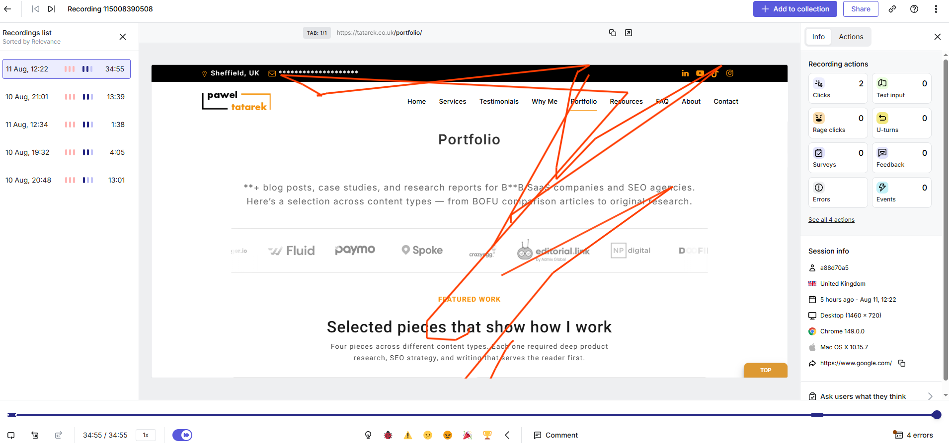 Session recording showing rage click patterns on a freelancer portfolio page