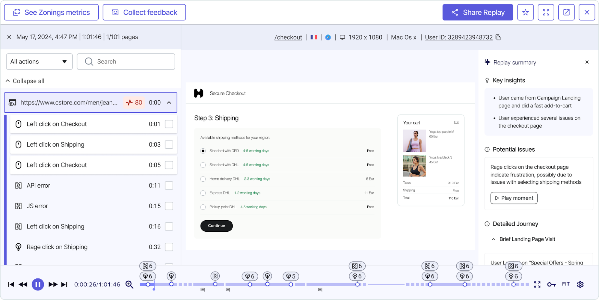 Hotjar session replay of a checkout page with AI-generated key insights and potential issues panel