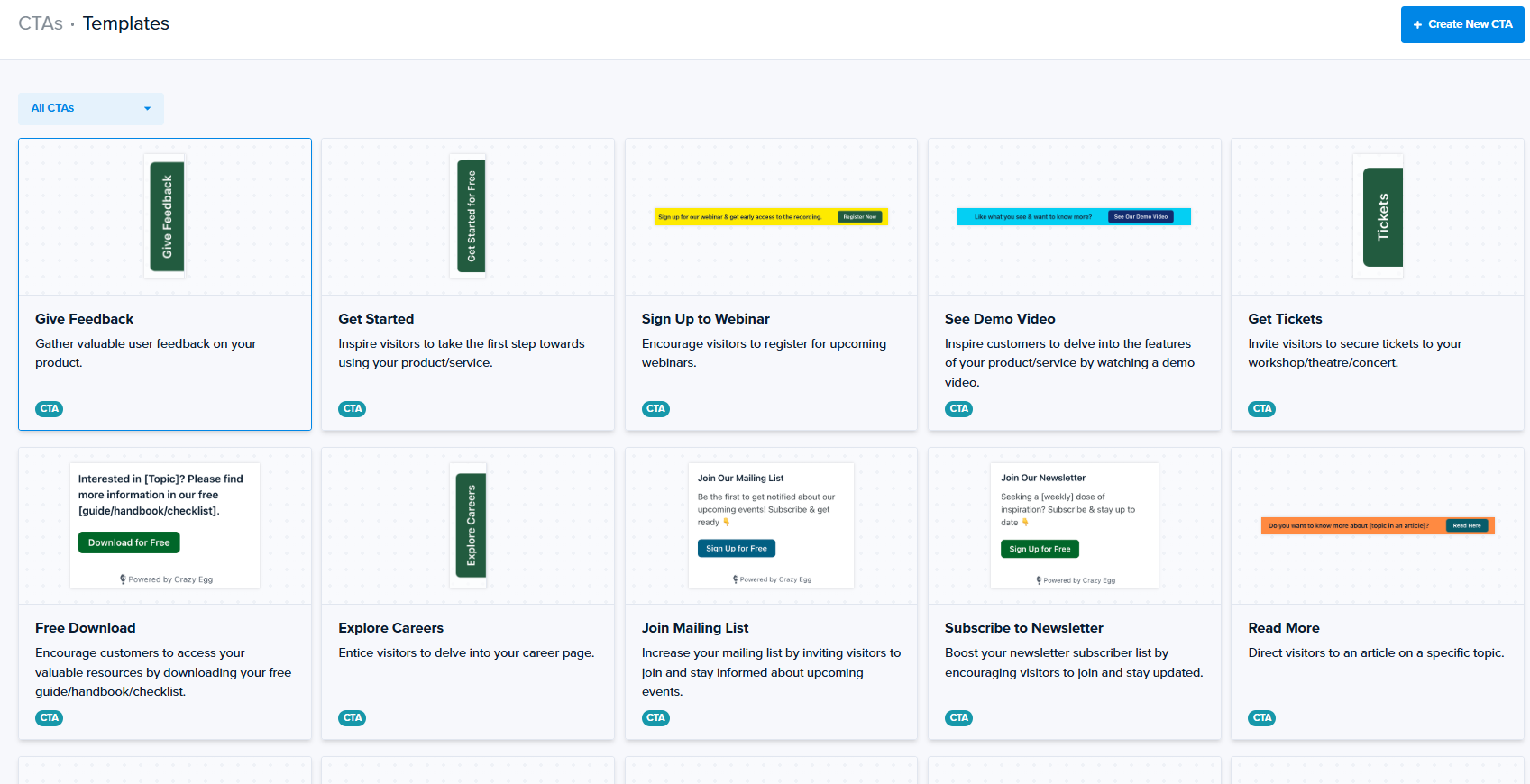 Crazy Egg CTA template gallery with options like Give Feedback, Get Started, and Free Download