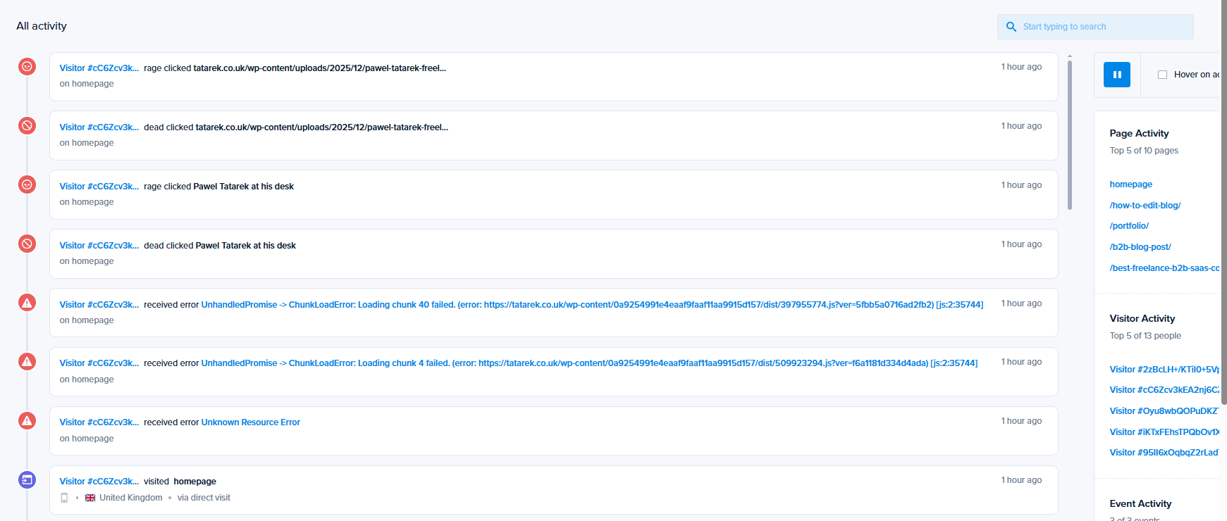Crazy Egg live activity stream showing rage clicks, dead clicks, and JS errors on a homepage