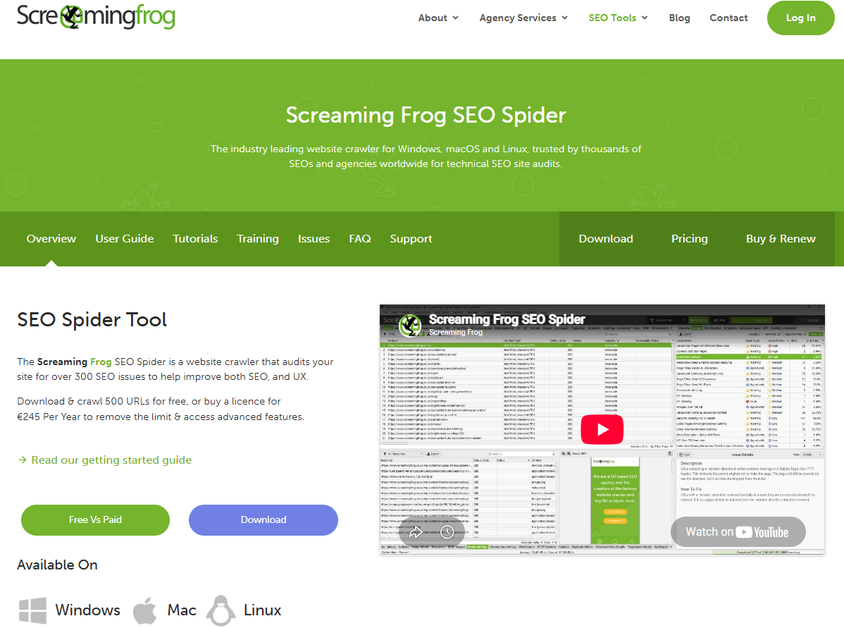 Screaming Frog SEO Spider overview page with a product video preview and download buttons.