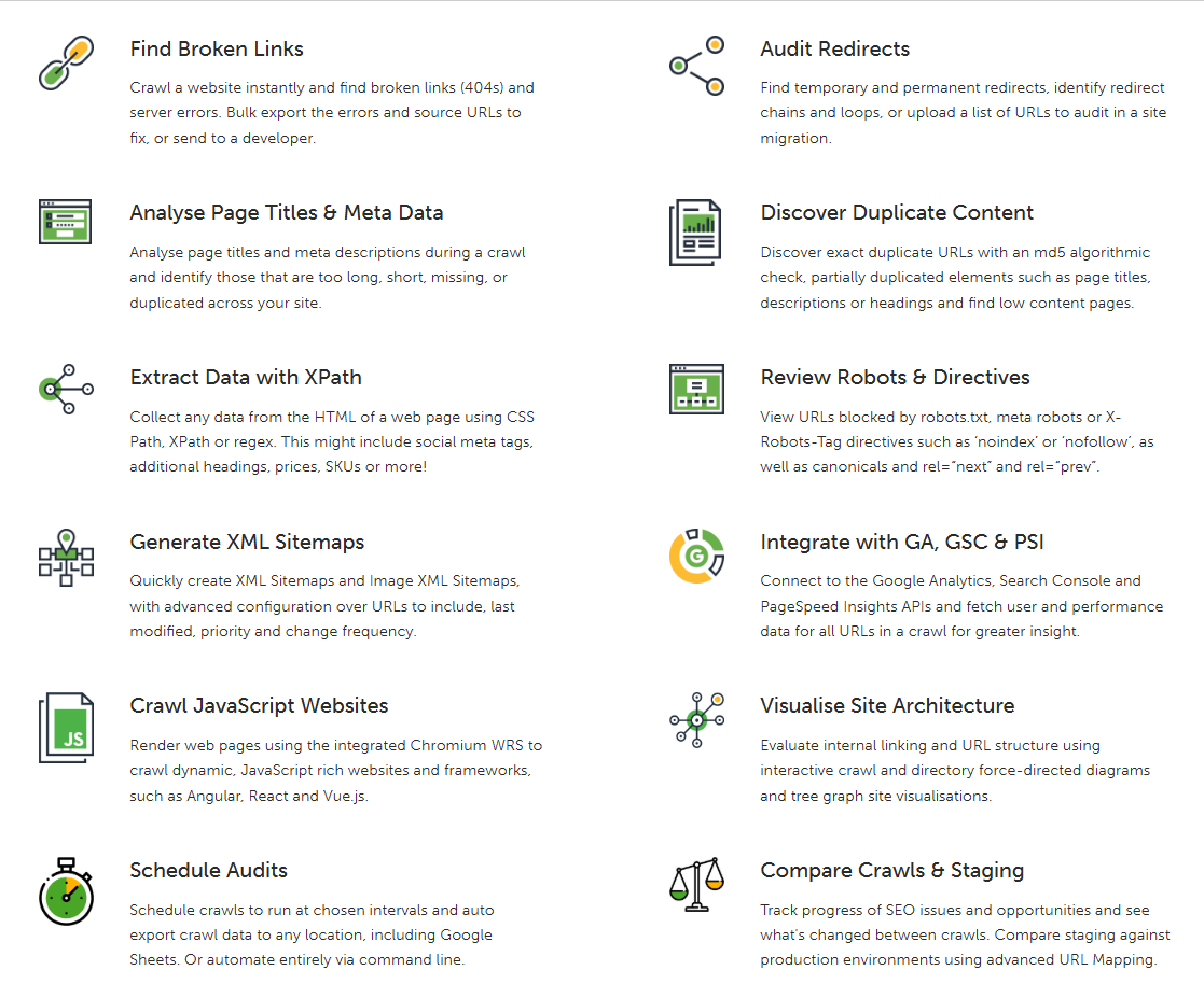 Grid of SEO audit features with icons, including broken links, redirects, duplicate content and XML sitemaps.