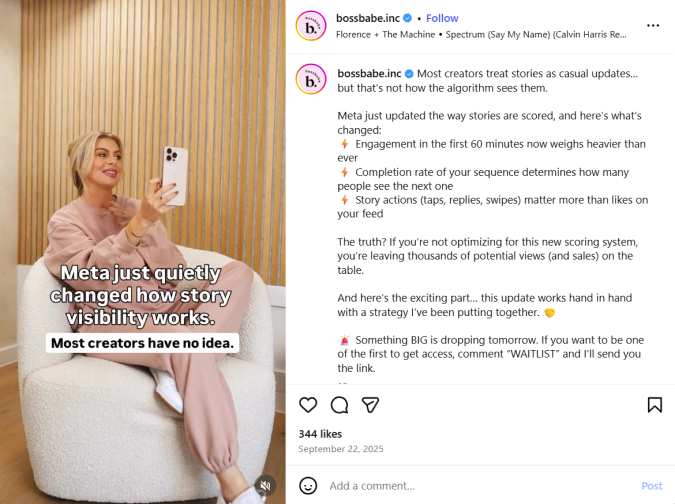 Bossbabe Instagram post about Meta's story algorithm changes with engagement tips.