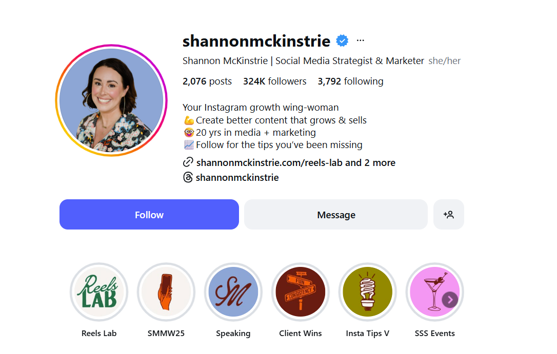 Shannon McKinstrie Instagram profile showing 324K followers and content highlight categories, along with her bio.
