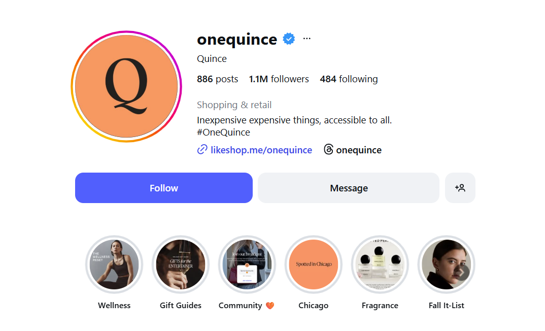 Quince Instagram profile showing 1.1M followers and shopping category highlights.