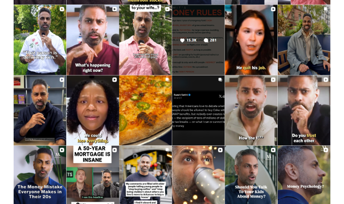 Grid of Ramit Sethi's Instagram Reels about personal finance topics.