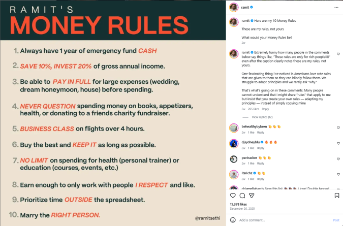 Ramit Sethi's "10 Money Rules" Instagram post with engagement comments.