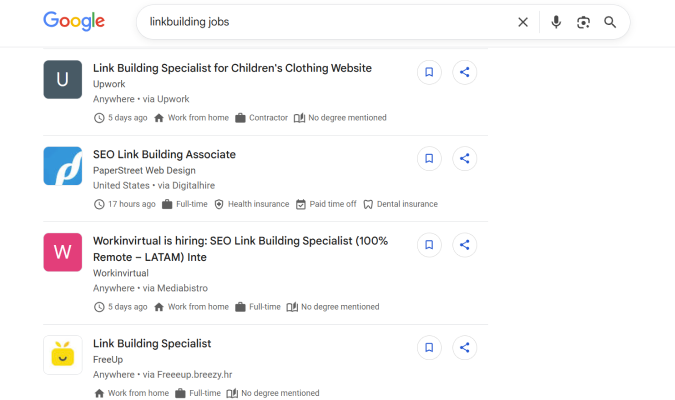 Google job listings for remote link building specialist positions from Upwork, PaperStreet Web Design, Workinvirtual, and FreeUp.