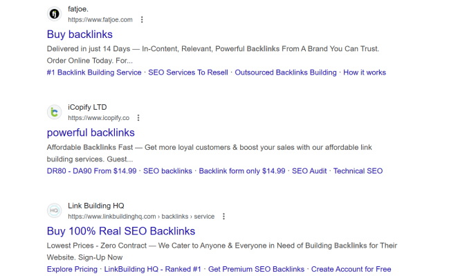 Google ads for paid link building services from Fatjoe, iCopify, and Link Building HQ. 