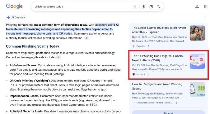 Google search results for 'phishing scams today' showing AI Overview of common tactics including AI-enhanced scams and QR code phishing.