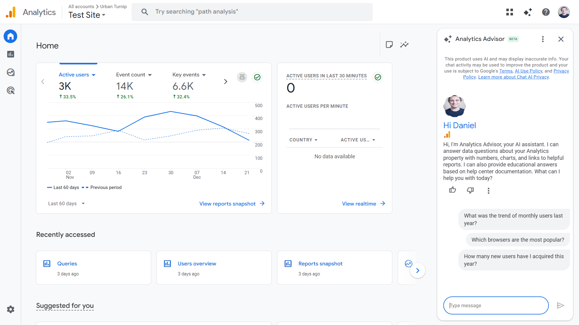 Google Analytics AI advisor chat interface providing data insights and answering user questions.