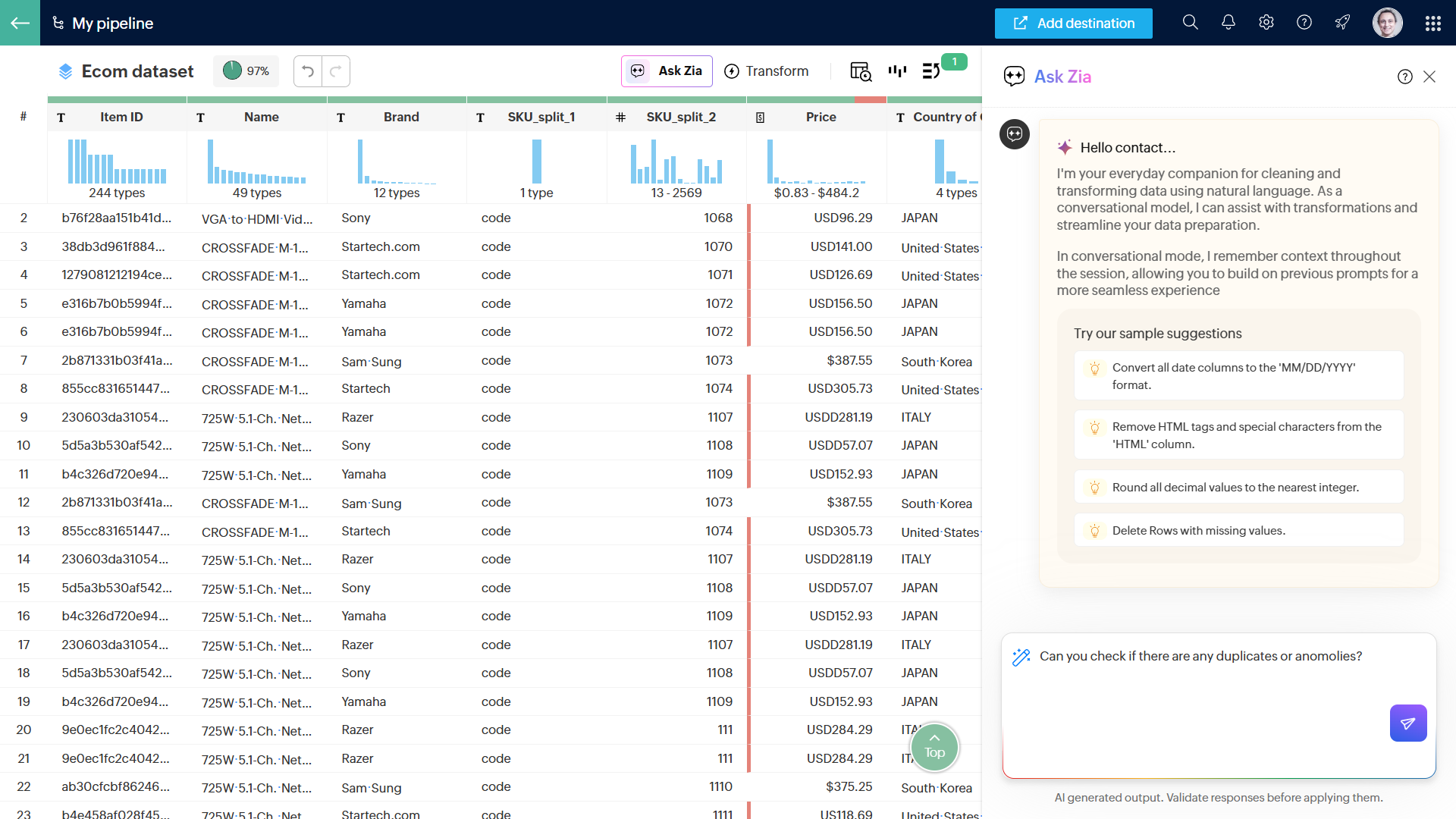 Zia AI assistant offering data cleaning and transformation suggestions in spreadsheet interface.