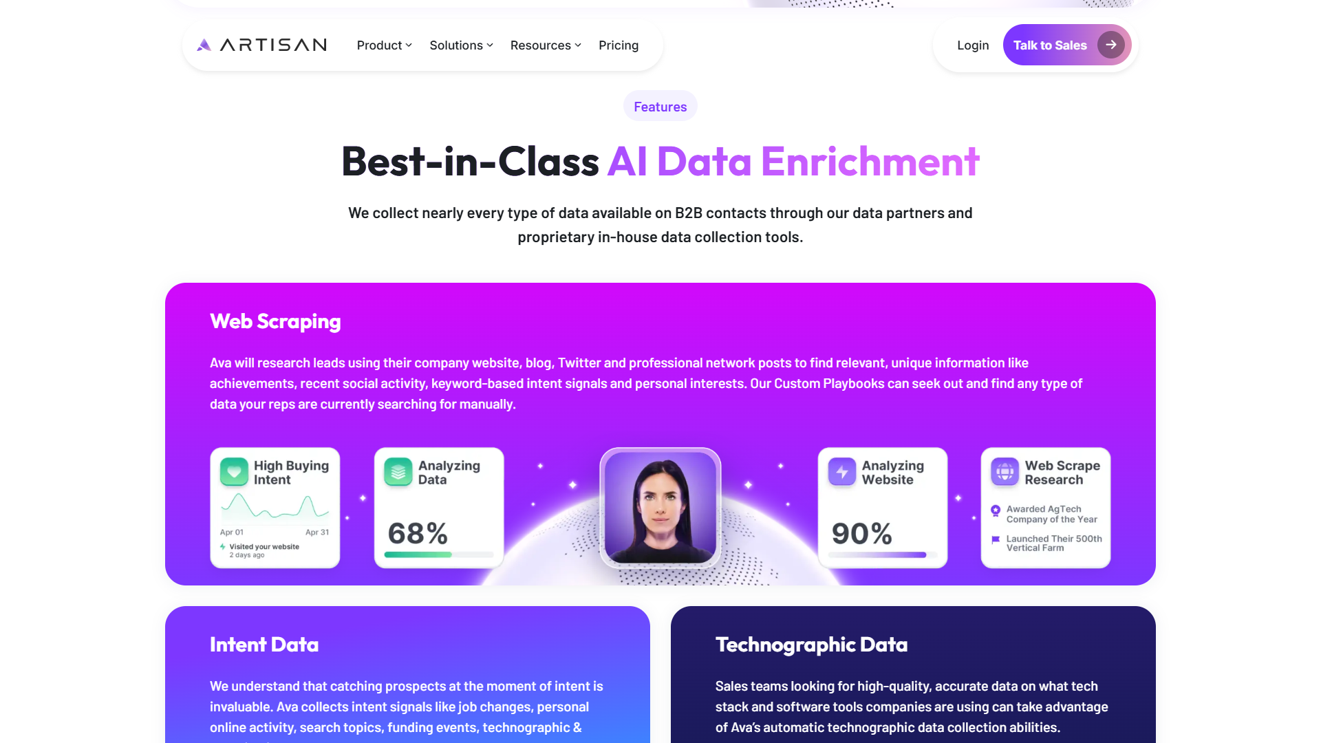 Artisan platform showcasing AI-powered web scraping and B2B data enrichment capabilities.