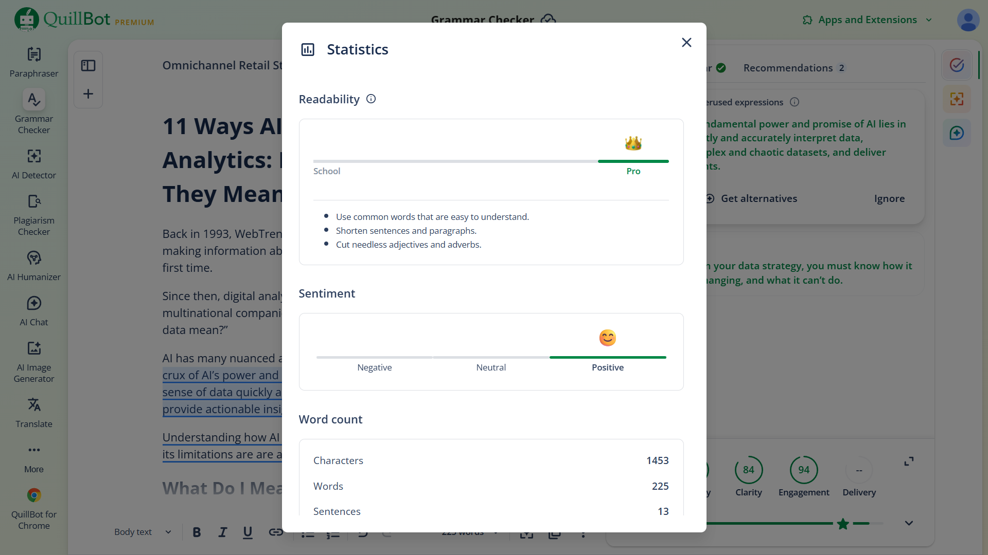 QuillBot statistics panel showing readability score, sentiment analysis, and word count metrics.