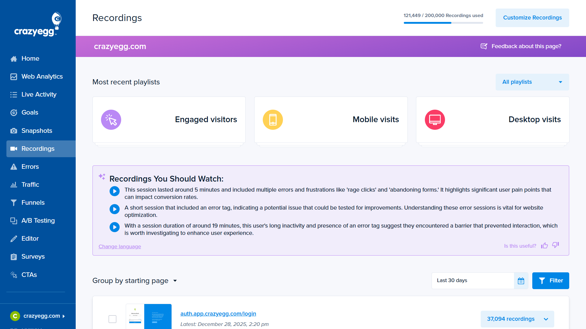 Crazy Egg recordings dashboard showing session playlists and AI-generated recommendations to watch.